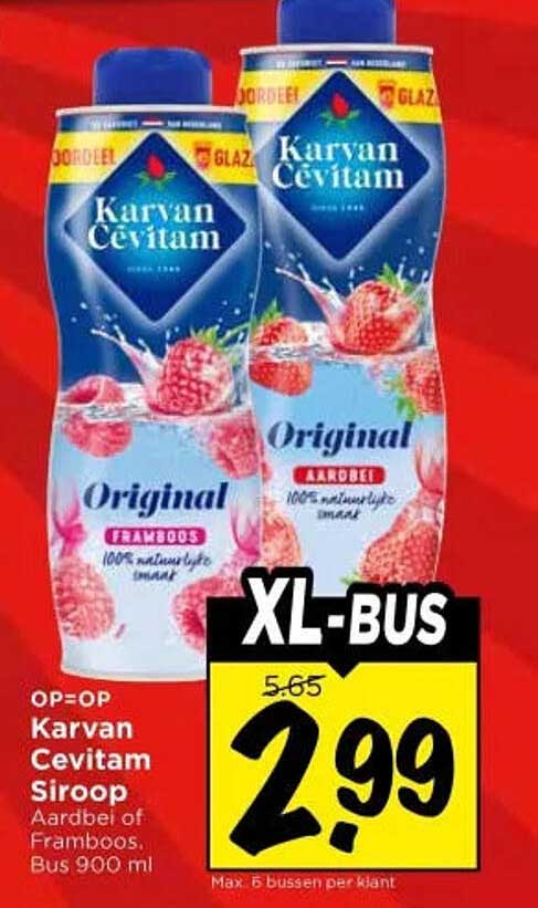 OP=OP Karvan Cevitam Siroop Aardbei of Framboos Bus 900 ml XL-BUS