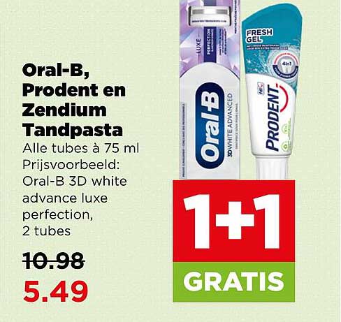 Oral-B, Prodent en Zendium Tandpasta 1+1 GRATIS