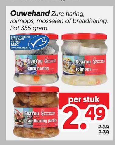 Ouwehand Zure haring, rolmops, mosselen of braadharing. Pot 355 gram.