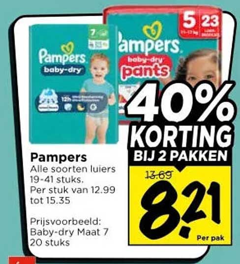 Pampers Alle soorten Luiers 19-41 stuks. Per stuk van 12.99 tot 15.35 40% KORTING BIJ 2 PAKKEN