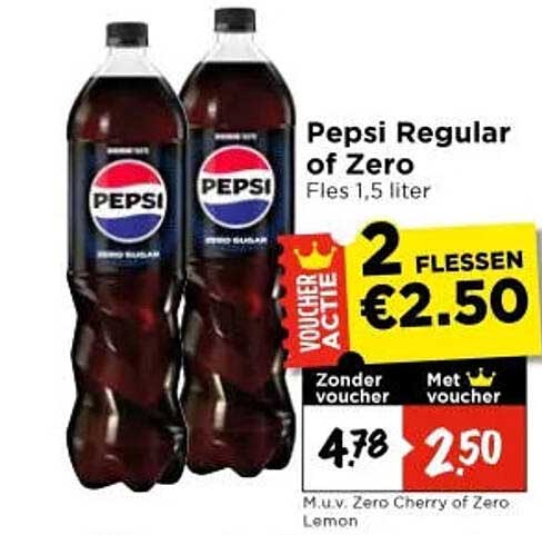 Pepsi Regular of Zero Fles 1,5 liter 2 flessen €2,50
