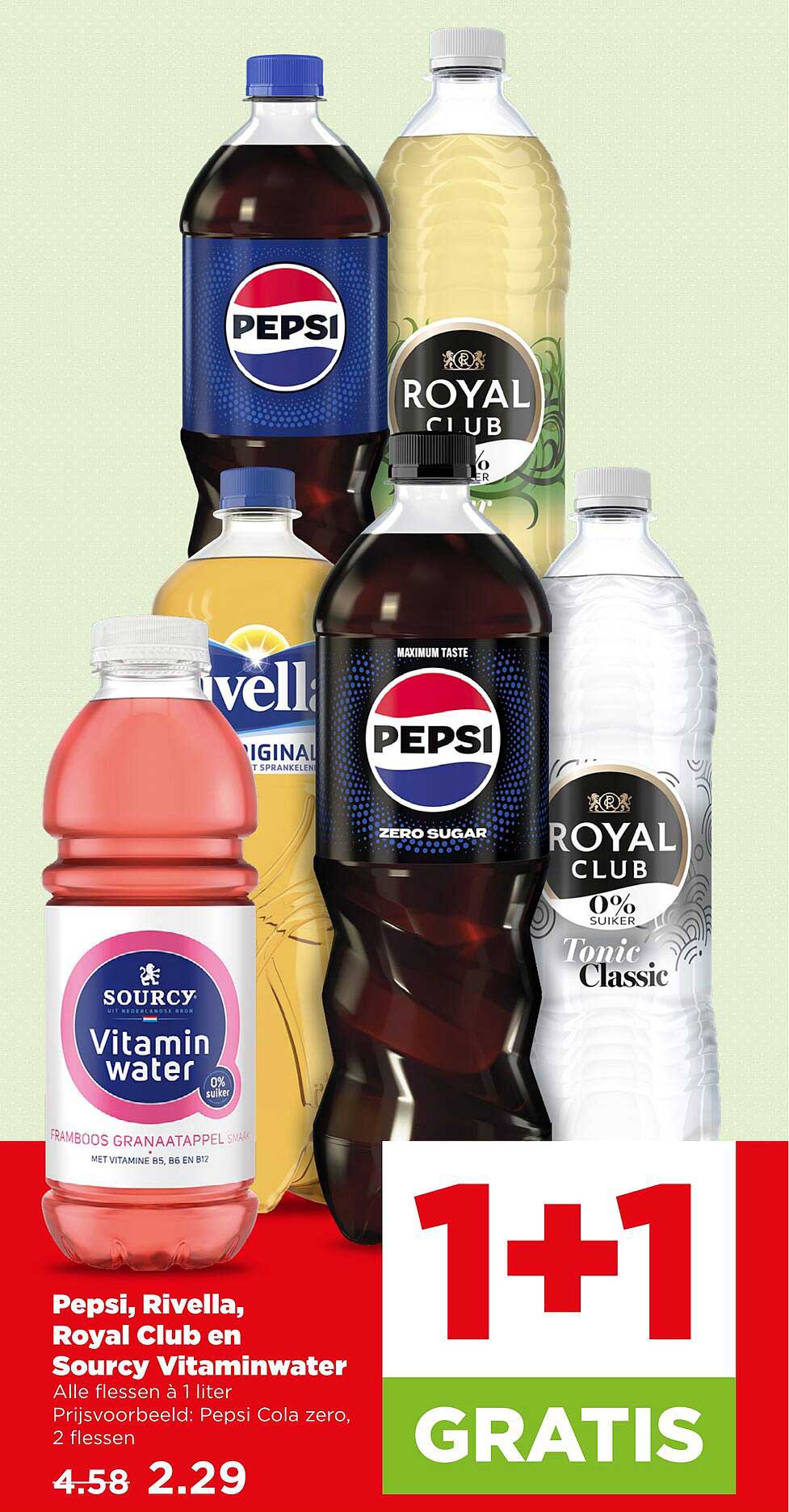 Pepsi, Rivella, Royal Club en Sourcy Vitaminwater 1+1 GRATIS