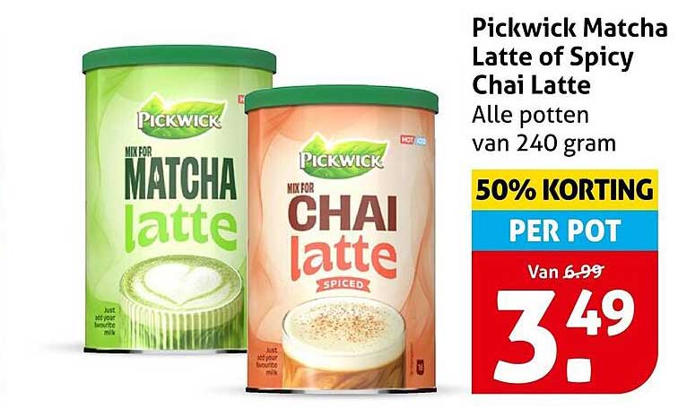Pickwick Matcha Latte of Spicy Chai Latte 50% KORTING PER POT