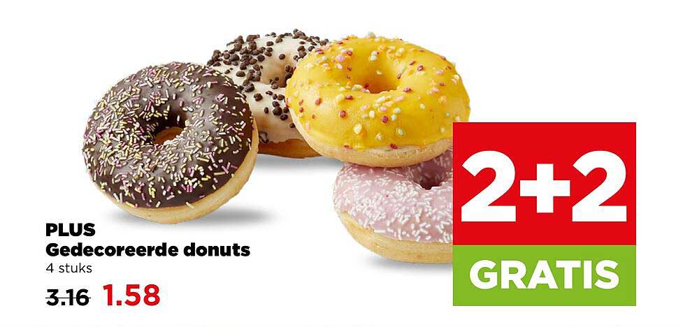 PLUS Gedecoreerde donuts 4 stuks 2+2 GRATIS
