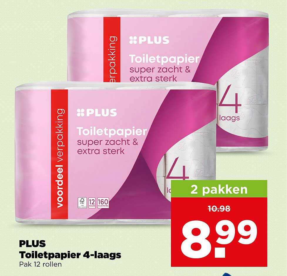 PLUS Toiletpapier 4-laags Pak 12 rollen 2 pakken