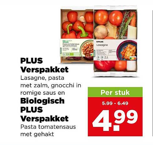 PLUS Verspakket Lasagne, pasta met zalm, gnocchi in romige saus en Biologisch PLUS Verspakket Pasta tomatensaus met gehakt