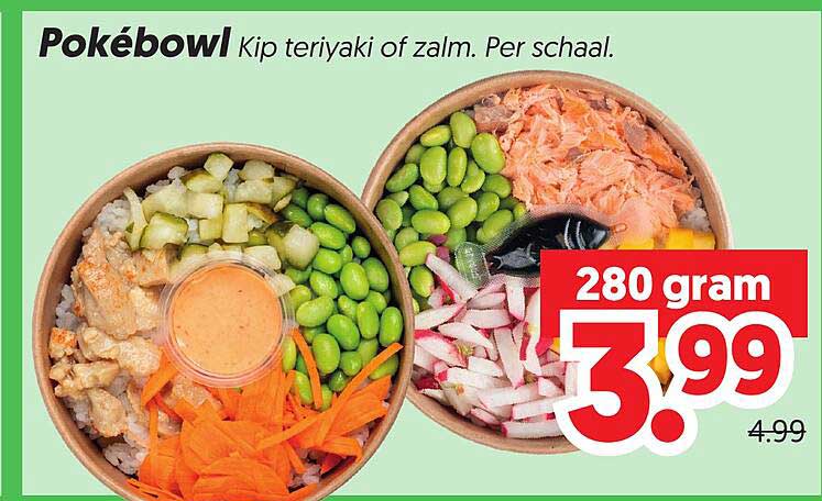 Pokébowl Kip teriyaki of zalm. Per schaal. 280 gram