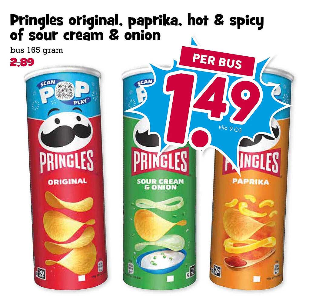 Pringles original, paprika, hot & spicy of sour cream & onion bus 165 gram
