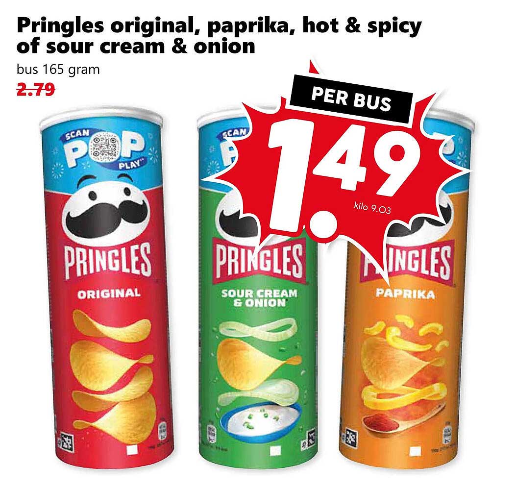 Pringles original, paprika, hot & spicy of sour cream & onion