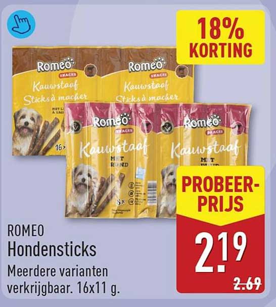ROMEO Hondsticks Meerdere varianten verkrijgbaar. 16x11 g. 18% KORTING PROBEER-PRIJS