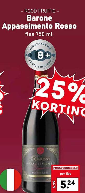ROOD FRUITIG Barone Appassimento Rosso fles 750 ml. 25% KORTING