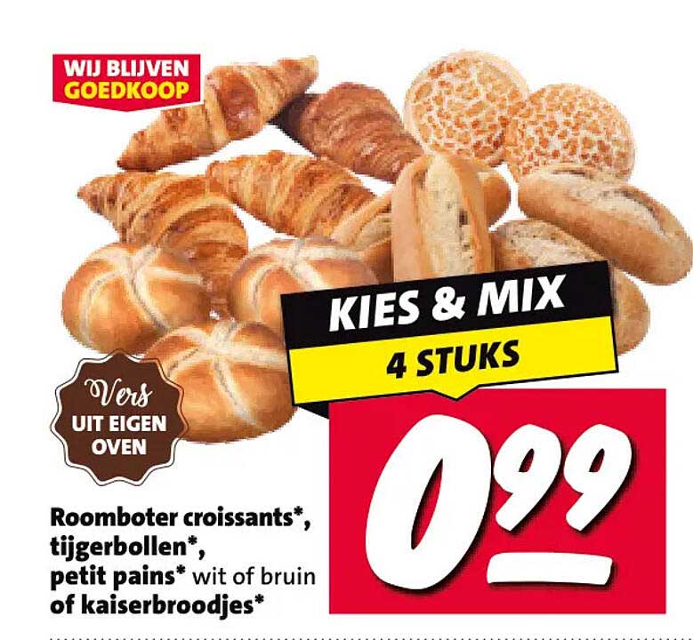 Roomboter croissants*, tijgerbollen*, petit pains* wit of bruin of kaiserbroodjes* KIES & MIX 4 STUKS