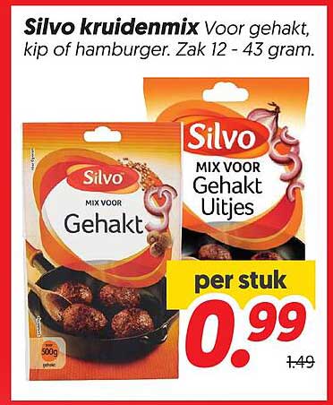Silvo kruidenmix Voor gehakt, kip of hamburger. Zak 12 - 43 gram.