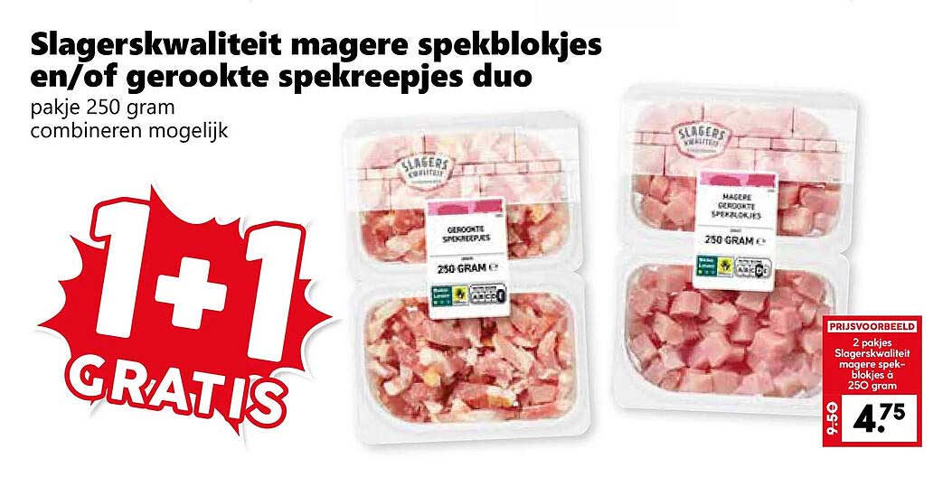 Slagerskwaliteit magere spekblokjes en/of gerookte spekreepjes duo 1+1 GRATIS