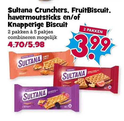 Sultana Crunchers, FruitBiscuit, havermoutsticks en/of Knapperige Biscuit 2 pakken