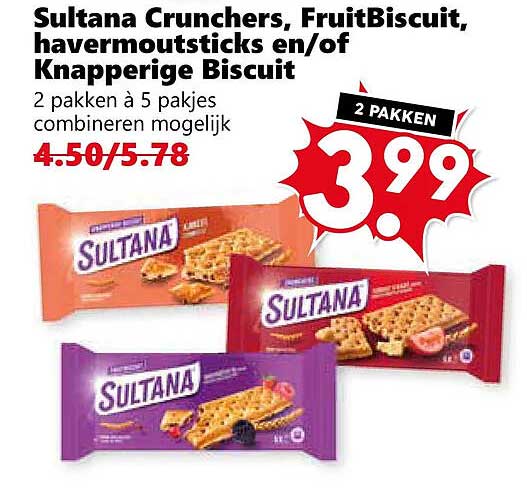 Sultana Crunchers, FruitBiscuit, havermoutsticks en/of Knapperige Biscuit 2 pakken