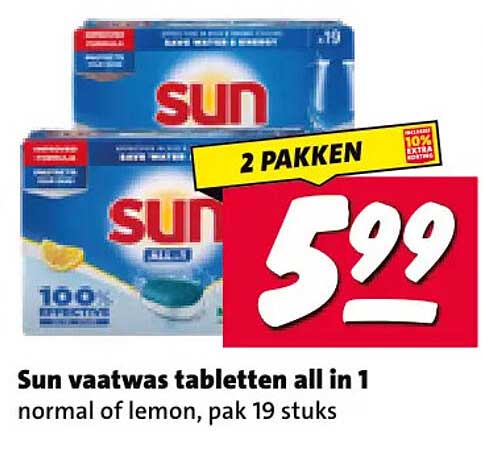 Sun vaatwas tabletten all in 1 normal of lemon, pak 19 stuks 2 PAKKEN