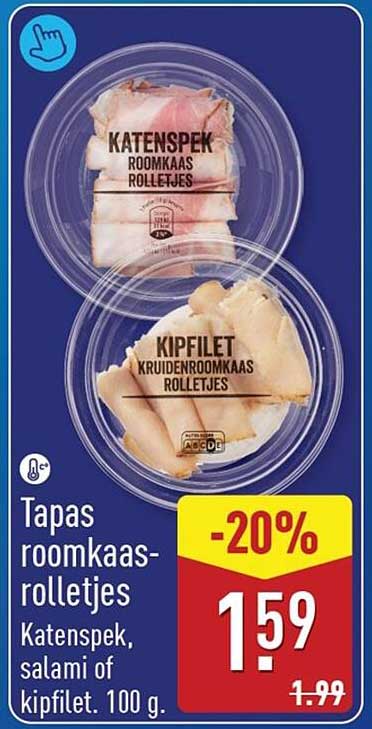 Tapas roomkaas-rolletjes Katenspek, salami of kipfilet. 100 g. -20%