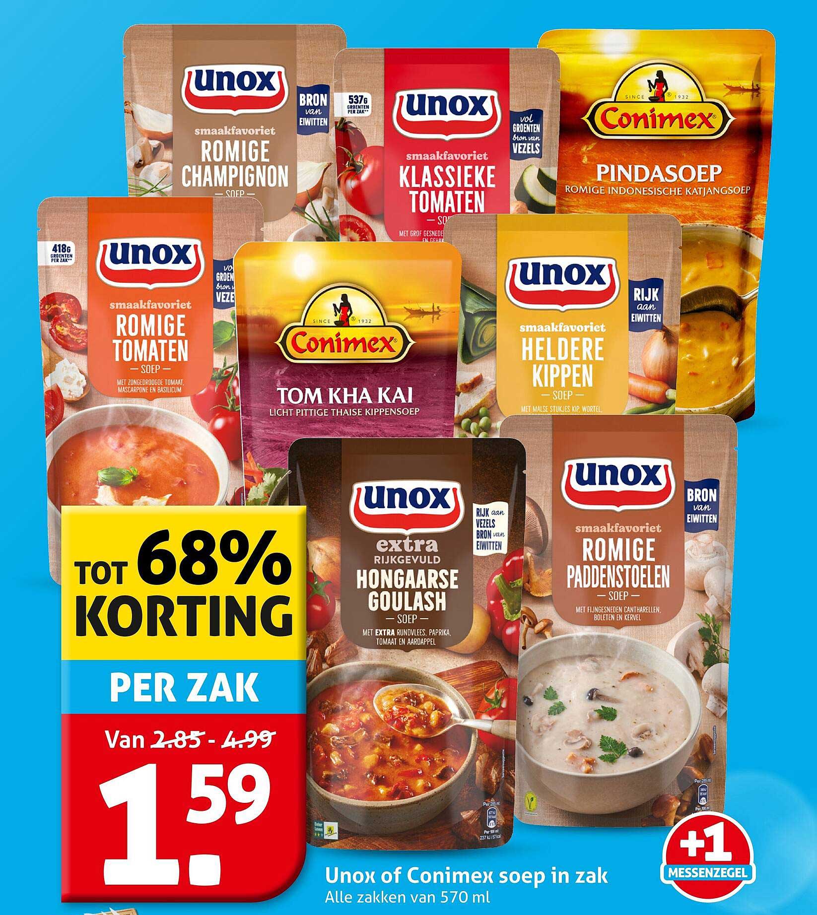 Unox of Conimex soep in zak +1 messenzegel