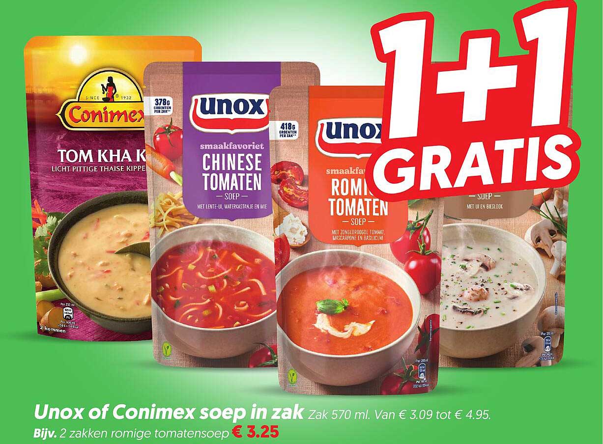 Unox of Conimex soep in zak 1+1 gratis