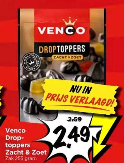 Venco Drop-toppers Zacht & Zoet Zak 255 gram NU IN PRIJS VERLAAGD!