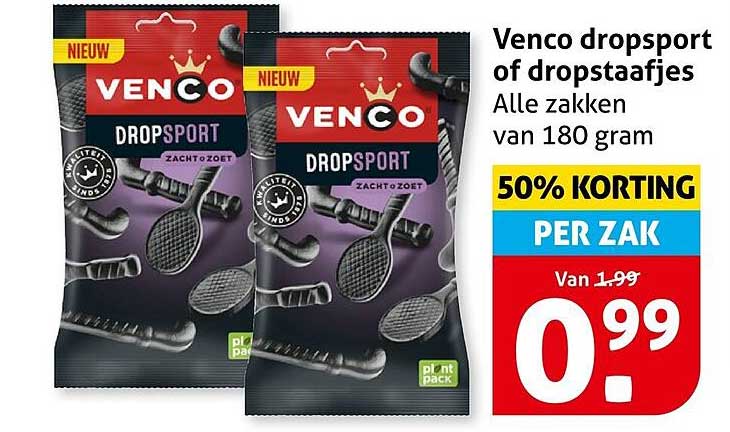 Venco dropsport of dropstaafjes Alle zakken van 180 gram 50% KORTING PER ZAK