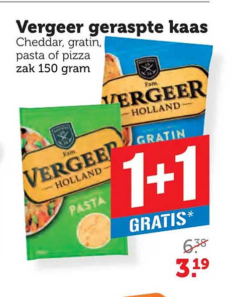 Vergeer geraspte kaas Cheddar, gratin, pasta of pizza zak 150 gram 1+1 GRATIS