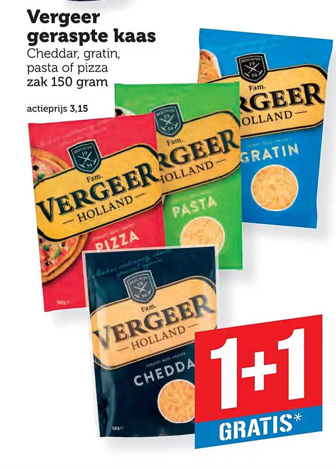 Vergeer geraspte kaas Cheddar, gratin, pasta of pizza zak 150 gram 1+1 gratis