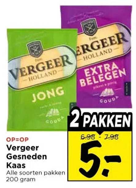 Vergeer Gesneden Kaas Alle soorten pakken 200 gram 2 PAKKEN