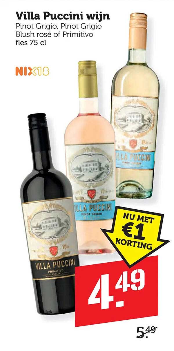 Villa Puccini wijn Pinot Grigio, Pinot Grigio Blush of Primitivo fles 75 cl NU MET €1 KORTING