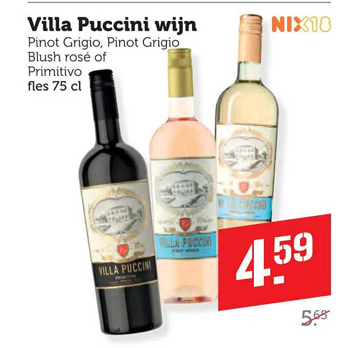 Villa Puccini wijn Pinot Grigio, Pinot Grigio Blush rosé of Primitivo fles 75 cl NIX18