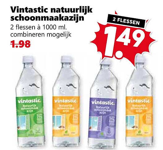 Vintastic natuurlijk schoonmaakazijn 2 flessen à 1000 ml. combineren mogelijk