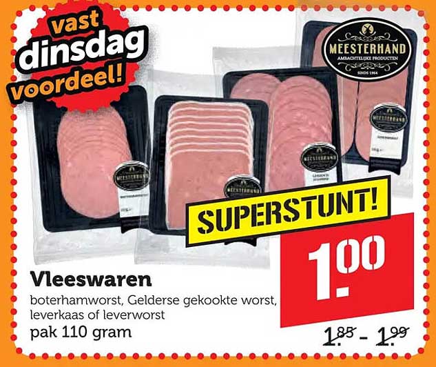 Vleeswaren boterhamworst, Gelderse gekookte worst, leverkaas of leverworst pak 110 gram SUPERSTUNT!