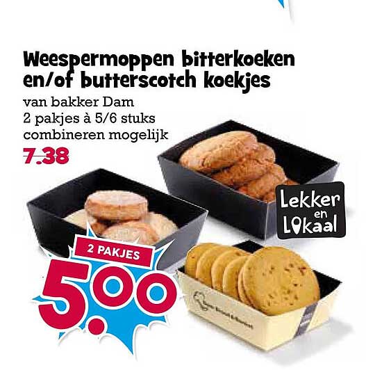 Weespermoppen bitterkoeken en/of butterscotch koekjes van bakker Dam 2 pakjes à 5/6 stuks combineren mogelijk 2 pakjes 500.