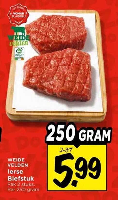WEIDE VELDEN Ierse Biefstuk Pak 2 stuks. Per 250 gram