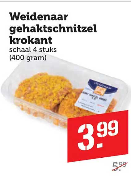 Weidenaar gehakt schnitzel krokant schaal 4 stuks (400 gram)