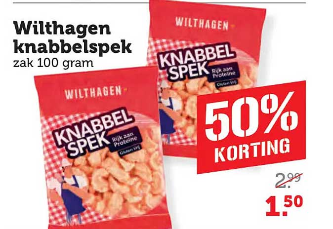 Wilhagen knabbelspek zak 100 gram 50% KORTING