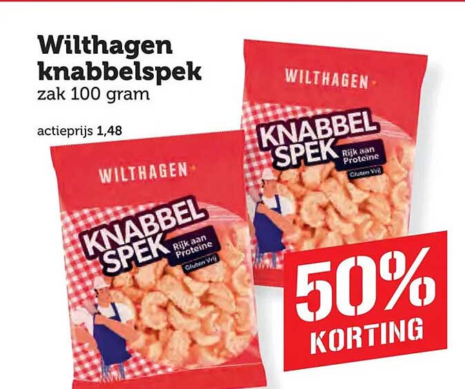 Wilthagen knabbelspek zak 100 gram 50% KORTING