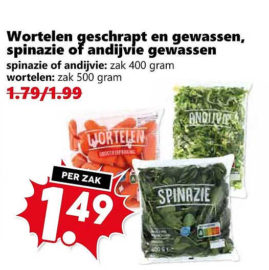 Wortelen gesrapt en gewassen, spinazie of andijvie gewassen