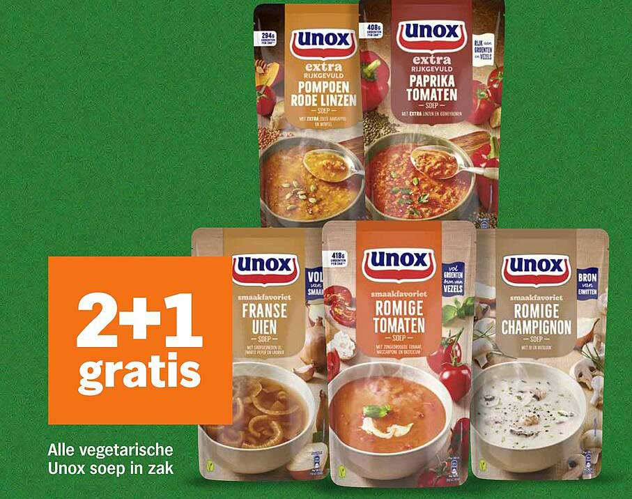 2+1 gratis op alle vegetarische Unox soep in zak
