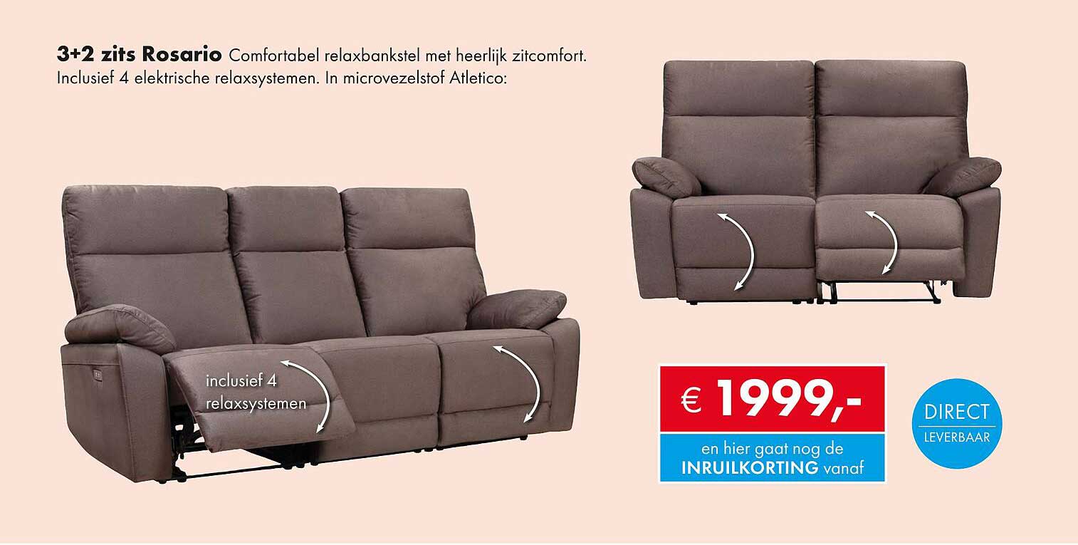 3+2 zits Rosario Comfortabel relaxbankstel met heerlijk zitcomfort. Inclusief 4 elektrische relaxsystemen.