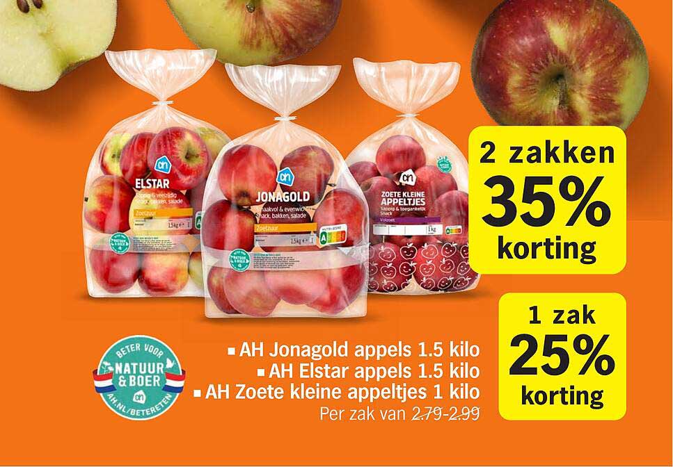 AH Jonagold appels 1.5 kilo, AH Elstar appels 1.5 kilo, AH Zoete kleine appeltjes 1 kilo