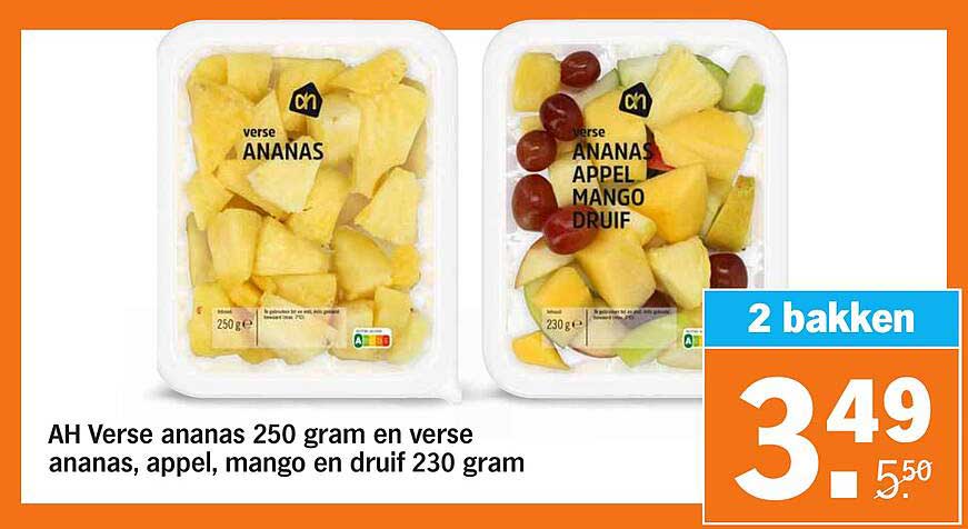 AH Verse ananas 250 gram en verse ananas, appel, mango en druif 230 gram