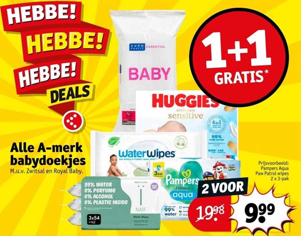Alle A-merk babydoekjes 1+1 gratis