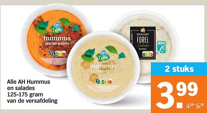 Alle AH Hummus en salades 125-175 gram van de versafdeling
