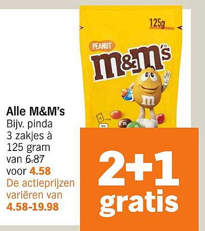 Alle M&M's Bijv. pinda 3 zakjes à 125 gram van 6.87 voor 4.58