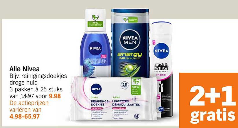Alle Nivea Bijv. reinigingsdoekjes droge huid 3 pakken à 25 stuks van 14.97 voor 9.98