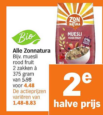 Alle Zonnatura Bijv. muesli rood fruit 2 zakken à 375 gram van 5.98 voor 4.48