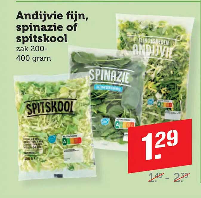 Andijvie fijn, spinazie of spitskool zak 200-400 gram