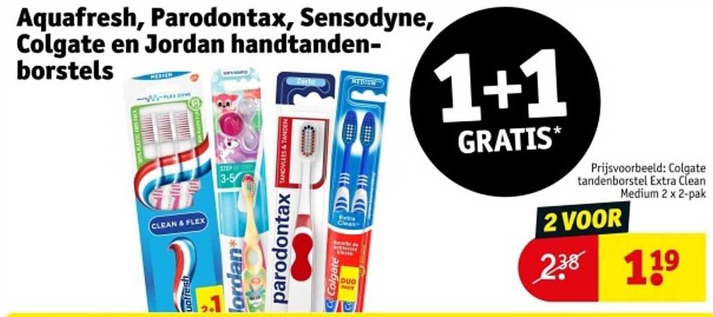 Aquafresh, Parodontax, Sensodyne, Colgate en Jordan handtandenborstels 1+1 GRATIS